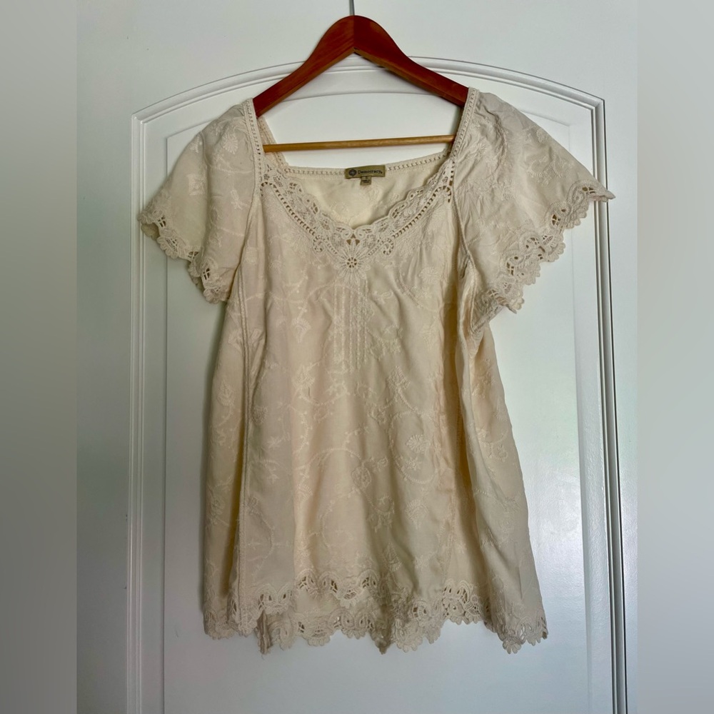 Democracy Cream Cotton Embroidered Lace-Trim Tunic Boho Top